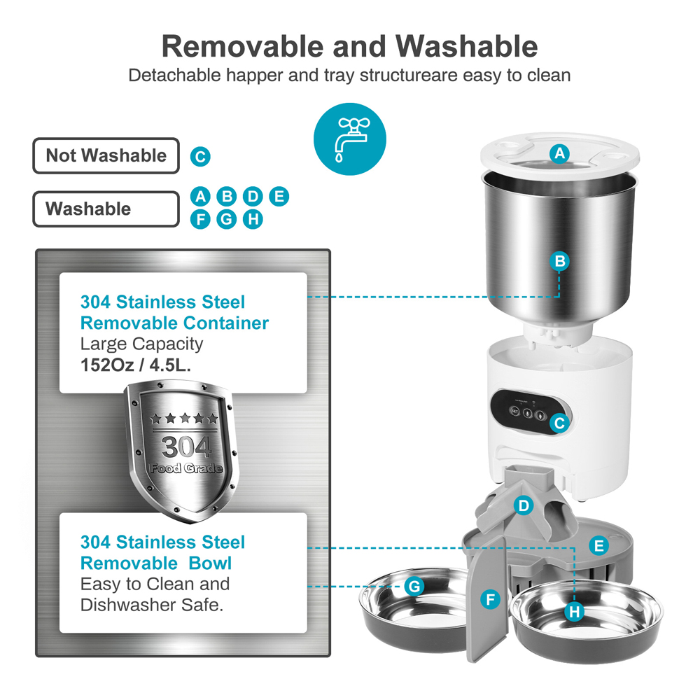Alimentatore automatico per animali domestici WIFI da 4,5 litri Dispenser intelligente di cibo per cani e gatti Alimentatore automatico per animali domestici Ciotola in acciaio inossidabile Alimentatore automatico per alimenti secchi